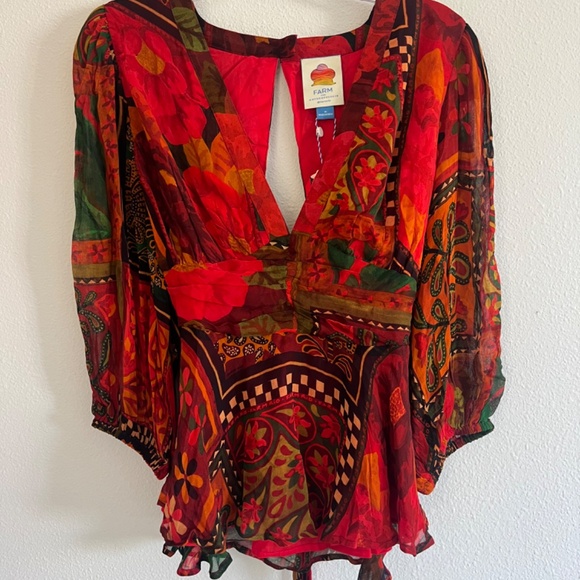 NWT Farm Rio x Anthropologie Lined Blouse Size M Red V Neck Tie Beaded Tassels - Picture 10 of 12
